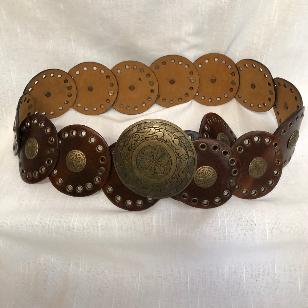 Bohemian Leather Belt with Decorative Round Brass Buckle